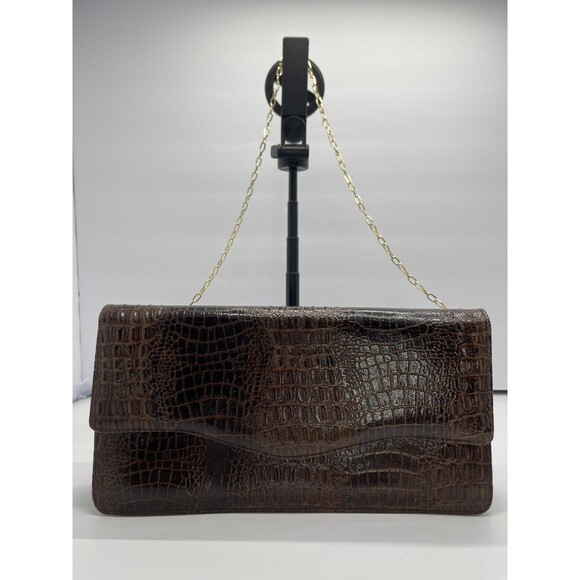 Vintage Clutch Handbag Envelope Style Snake Gator print brown Faux Leather Chain - Picture 3 of 16